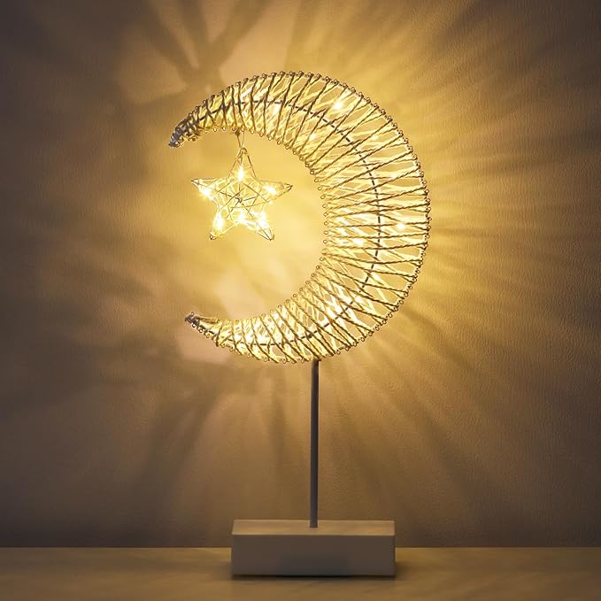 Lewondr Decorative Table Lamp, Christmas Moon Star Ramadan Desk Lamp Battery Powered Warm LED Crescent Light for Xmas Home Bedroom Bedside Desktop Nightstand Decoration, White