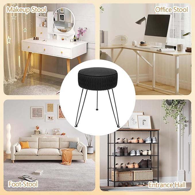 Velvet Vanity Stool Footrests, Round Ottoman Vanity Chairs with Anti-Slip Feet, Dressing Table Seat Foot Stool with Black Legs, Furry Padded Seat Side Table for Makeup Bedroom, Black