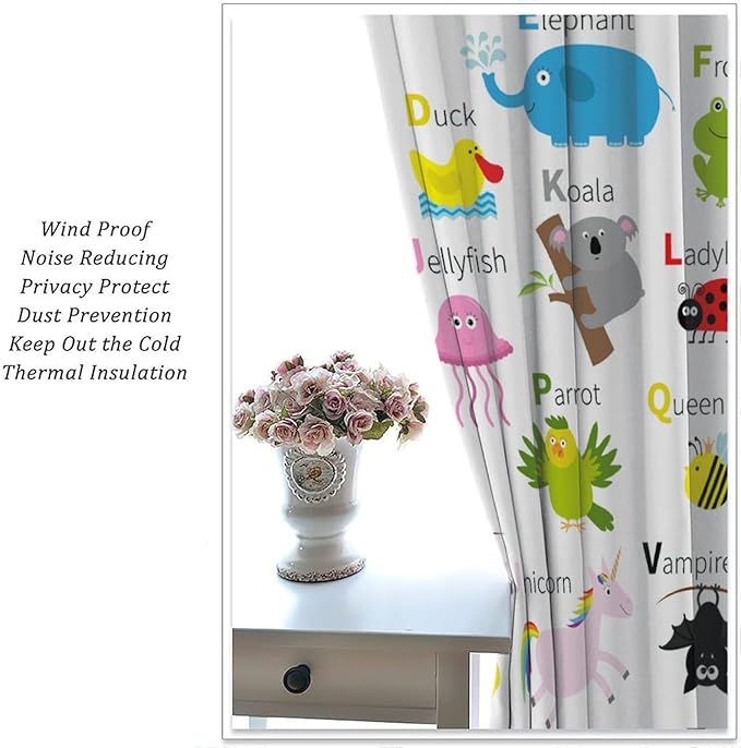 Alphabet Curtains, Cute Cartoon Animals Pattern Blackout Print Window Drapes for Bedroom Living Room 63x63 Inch
