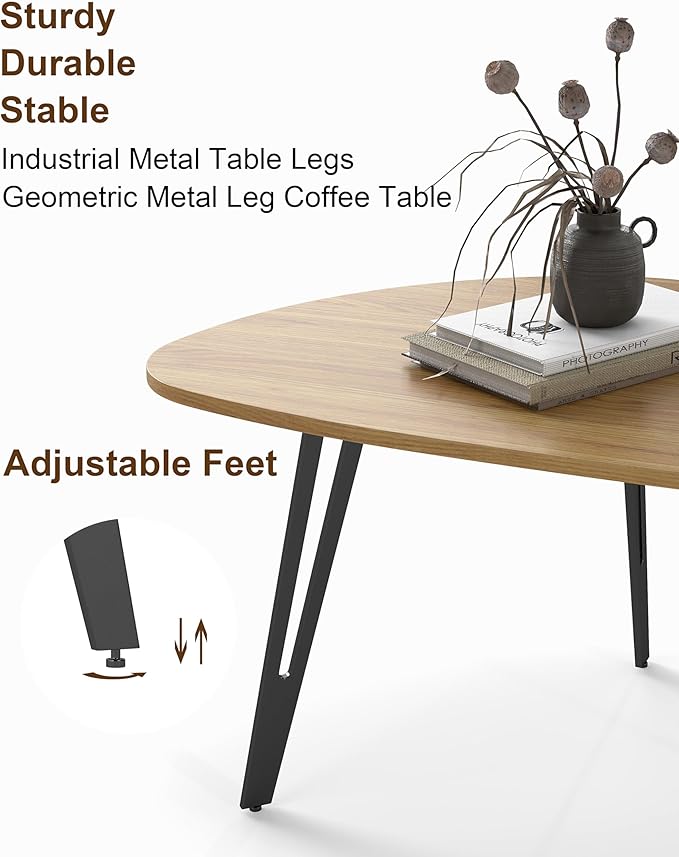 Manora Modern Mid Century Coffee Table, Oval Triangle Wood Center Table with Sturdy Metal Legs, Stylish Living Room Accent Table for Small Spaces