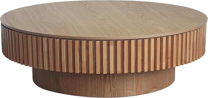 39.37 Inch Round Drum Coffee Table with Storage, Handcraft Fluted Drum Coffee Table, Modern Wooden Round Coffee Table Center Table with Sturdy Pedestal for Living Room Apartment(Natural)