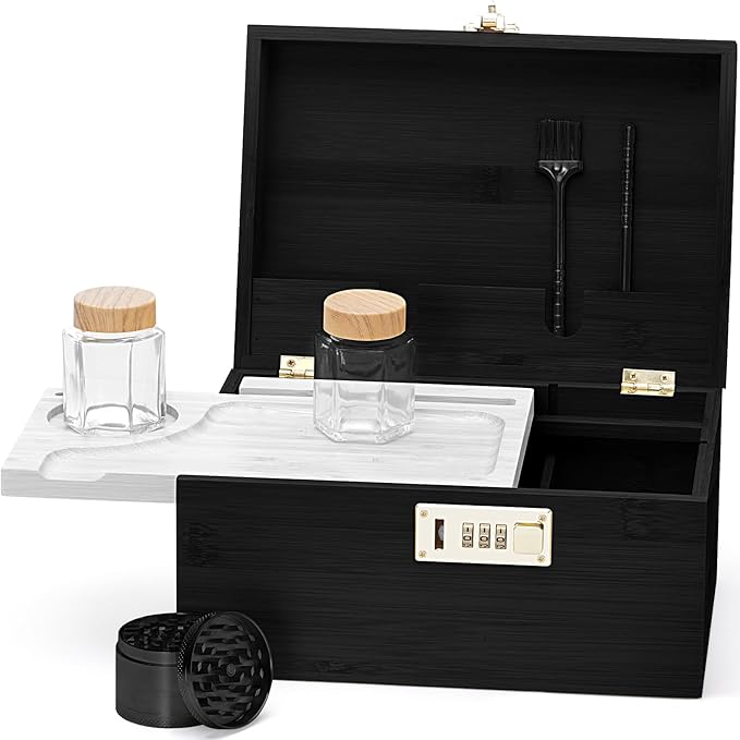 Large bamboo box, locked storage decorative box with combination lock, wooden lock box with lid, wooden locked storage box with removable tray and jars(Black&White)