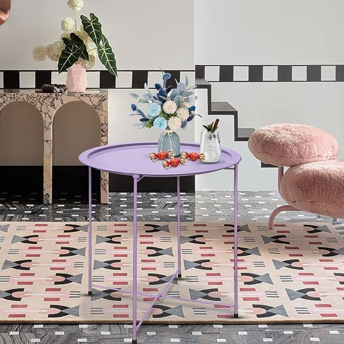 VILAWLENCE Metal End Table Side Table Round Folding Tray, Sofa Small Accent Fold-able Side Table Tray,Outdoor Side Sofa Table, Snack Table for Living Room and Bed Room 18.5 in (Purple)