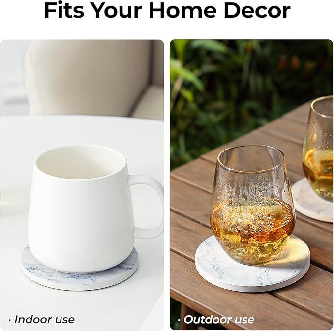 LIFVER Coasters Set of 8 for Drinks, White Marble-Style Anti-Slip Absorbent Drink Coasters with Holder, Modern Marble Stone Coaster for Home Patio Decor Coffee Bar Accessories Ideal Housewarming Gifts