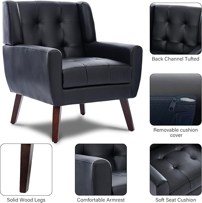 Pia Ricco 2 Pack Mid Century Modern Accent Chairs, Button Tufted Faux Leather Armchairs - Easy-Clean Matching Set for Living Room, Durable Sofa Chairs for Home Office & Lounge, Black