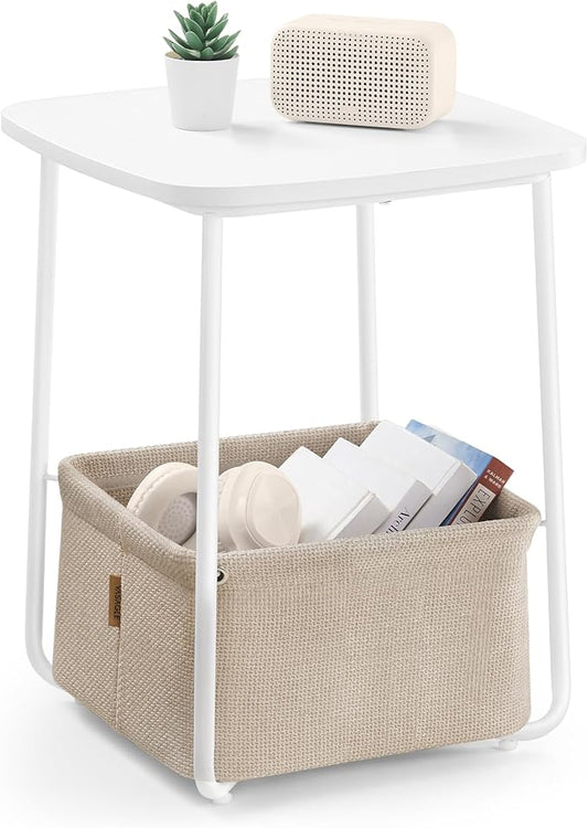 VASAGLE LILEA Collection - Side End Table with Fabric Basket, Modern Nightstand, Square Bedside Table, for Living Room, Bedroom, Matte White and Camel Brown ULET229W10