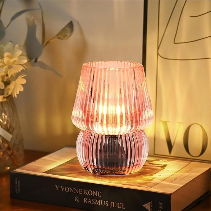 Battery Operated Lamp with Timer, Small Cute Cordless Glass Table Lamp for Home Decor, Kitchen, Bathroom, Birthday Gift for Women, Mushroom, Pink