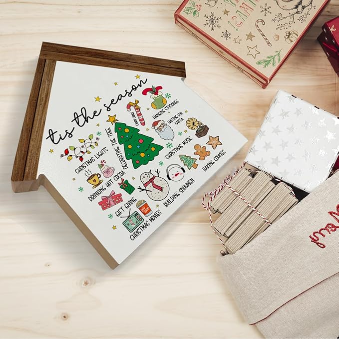 Christmas Home Decor, Xmas Tis the Season House Shaped Wood Block Sign Santa Gingerbread Hot Cocoa Decor, Christmas Holiday Home Living Room Decorations for Desk Table Shelf