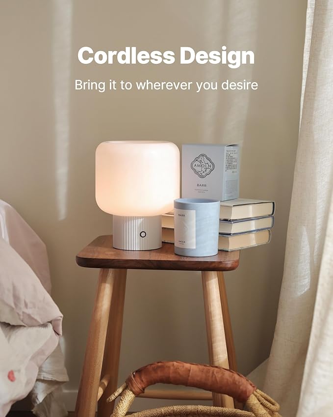 Halo Mushroom Lamp, 5W Cute Cordless Rechargeable Table Lamp with Glass Shade, 3 Color Temps LED Dimmable Ambient Lighting, Small Retro Touch Bedside Light for Bedroom Decor, White