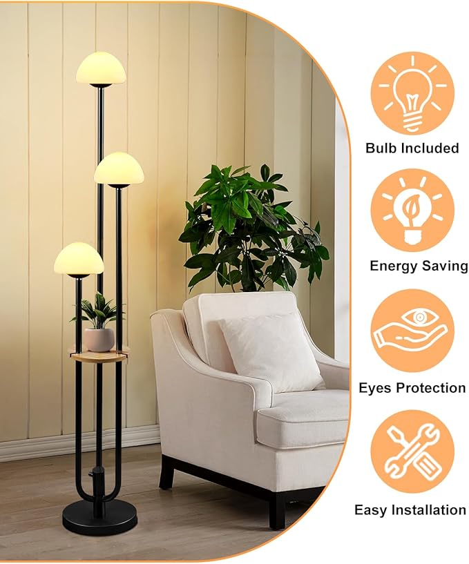 Lightdot Black Dimmable Floor Lamp with Table, Modern Floor Lamps for Living Room, 3000K Warm Lights Tall Standing Lamp with Mushroom Shades & Bulbs for Bedroom/Office