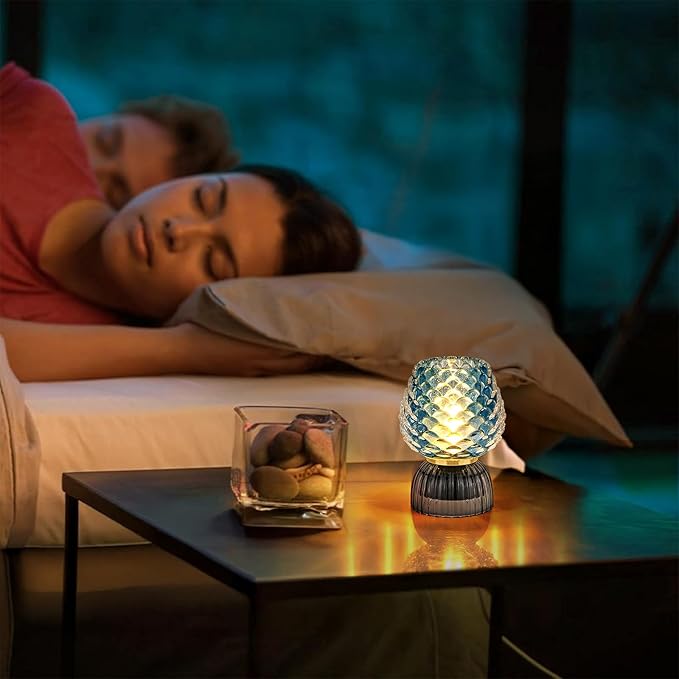 Battery Operated Lamp with Timer, Cute Small Cordless Glass Table Lamp for Home Decor, Kitchen, Bathroom, Birthday Gift for Women, Pinecone, Blue
