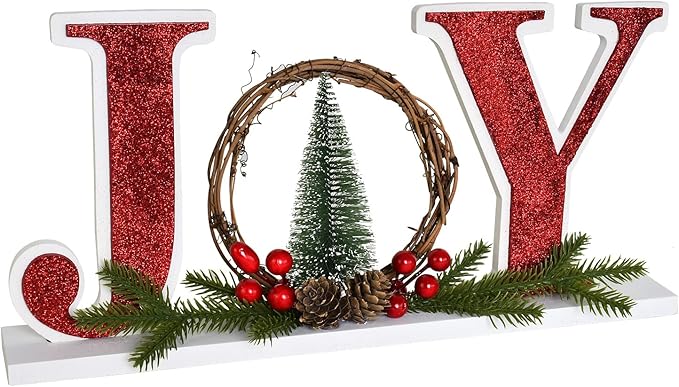 Wooden Christmas Joy Sign Table Decoration Free-standing Decorative Joy Word Block Letter Wood Merry Xmas Centerpieces Winter Holiday Decor for Mantel Home Decor Party Office (Red)