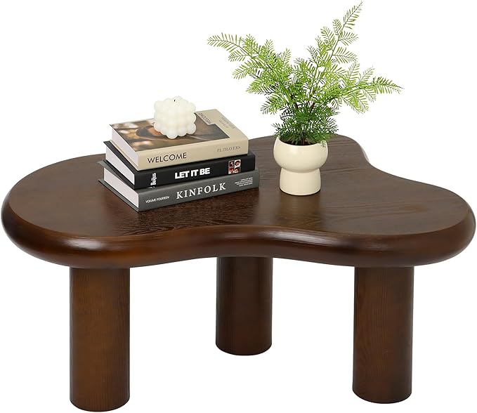 34"(L) Cloud Coffee Table, Modern Wood Coffee Table for Living Room, Accent Unique Center Tables with 3 Legs, Small Tea Tables for Balcony, Patio, Bedroom, Walnut