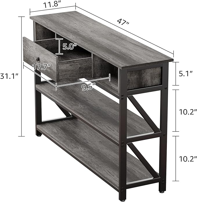 Mexin 47 Inch Console Sofa Table with Drawer, Industrial Entryway Table with Storage Shelves, Storage Organizer for Hallway Living Room Couch Foyer Kitchen Counter, Grey Oak