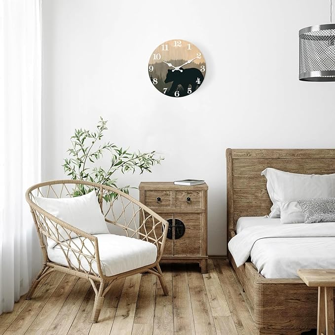 XFM Large Cabin Bear Wall Clock Battery Operated 24 Inch Silent Wooden Wall Clocks Rustic Forest Wildlife Clock for Lodge Living Room Kitchen Office