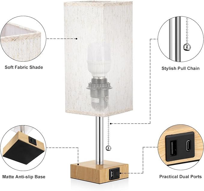 Wood Grain Bedside Table Lamps Set of 2 - Bedroom Lamps with 3 Color Temperatures (3000K/5000K/4000K), Square Nightstand Lamp with USB C + A Charging Ports