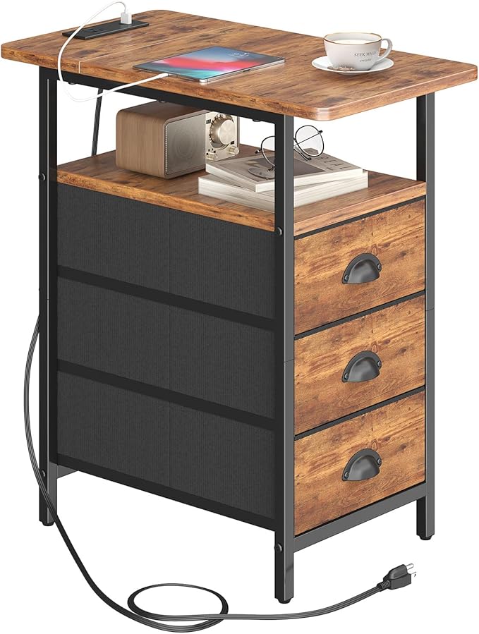End Table with Charging Station, Side Tables Livingroom with USB Ports and Outlets,Narrow Nightstands Bedside Tables with 3 Drawers for Small Space,Slim Sofa Table Bedroom,Rustic Brown