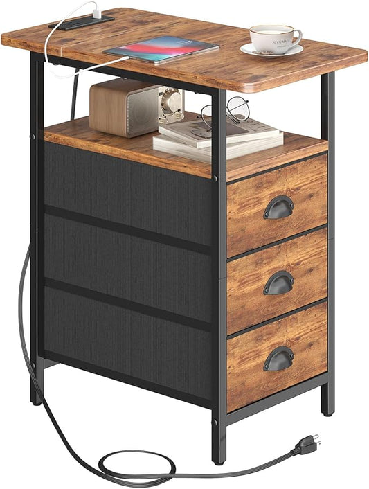 End Table with Charging Station, Side Tables Livingroom with USB Ports and Outlets,Narrow Nightstands Bedside Tables with 3 Drawers for Small Space,Slim Sofa Table Bedroom,Rustic Brown