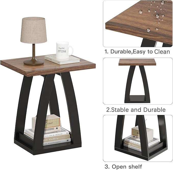 End Tables Living Room. Side Table Beside Sofa. Modern End Table for Living Room. Couch Side Table with Shelf. Black-Brown Wood Side Tables