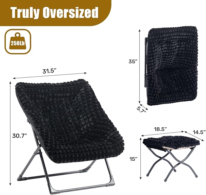 HollyHOME X-Large Saucer Chair with Foldable Ottoman, Comfy Oversized Folding Chair and Folding Footrest Stool Set, Faux-Fur Reading Chair and Footstool for Living Room, Bedroom, Black Chair&Stool