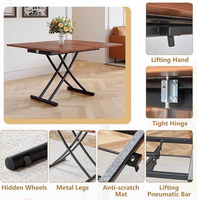 4 in 1 Folding Dining Table with Adjustable Lift Top & Wheels, Multi-Function Coffee Table to Dining Table for Apartments, Kitchens, Living Rooms, Scratch-Resistant & Easy Assembly