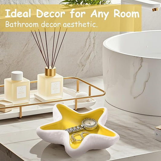 Ceramic Starfish Jewelry Tray, Shell Trinket Dish, Ocean-themed Ring Holder Dish Decorative Tray for Earrings Necklaces Bracelet Watch Key, Yellow Room Decor for Gift