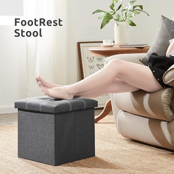 YOUDENOVA 15 inches Storage Ottoman Cube, Foldable Storage Boxes, Padded Seat for Dorm Living Room, Support 300lbs, Line Fabric Grey