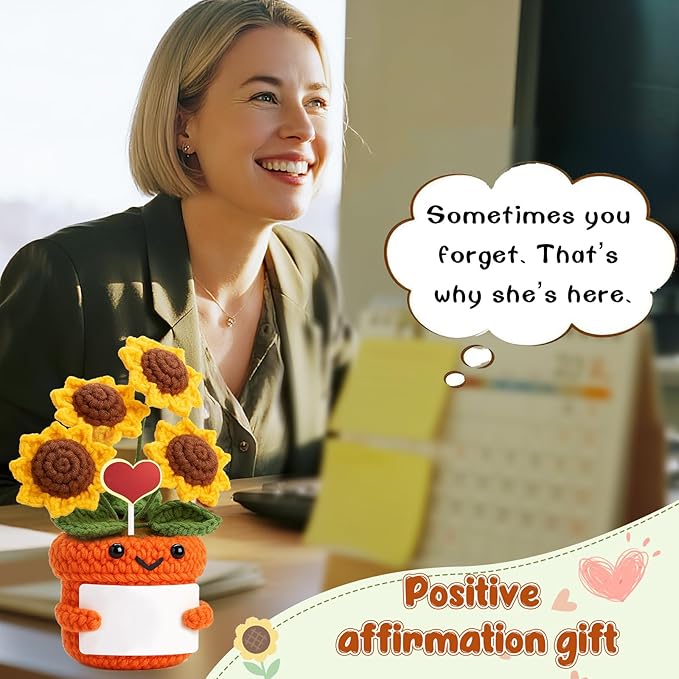 Mini Inspirational Gifts for Women Handmade Crochet Positive Affirmation Sunflower for Teacher, Mentor, Nurse, Coworker, Emotional Cheer Up Support, Birthday, White Elephant Christmas Stocking Stuffer