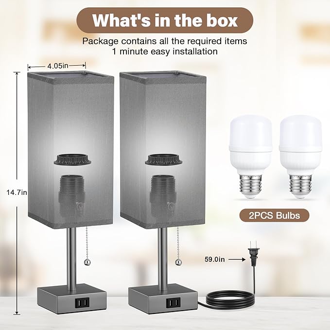 Fenmzee Grey Bedside Table Lamps for Bedroom Set of 2 - Small Rectangular Nightstand Lamp with AC Outlet Charging Port, 3 Color Temperatures Light, Tabletop Reading Lamp for Living Room/Dorm/Office