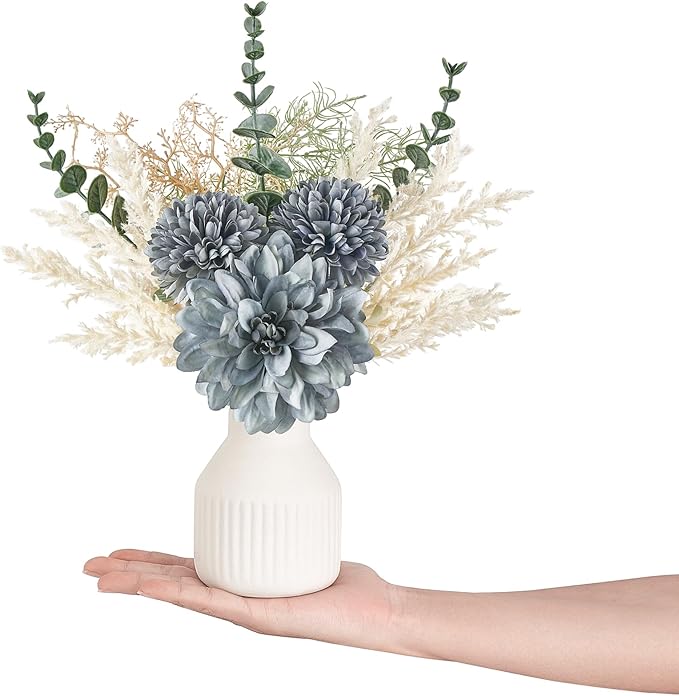 Mkono Small Artificial Flowers in Ceramic Vase 13.5" Centerpieces Coffee Table Decor, Silk Flower Arrangements for Home Decor Indoor Fake Flower Bouquet for Bathroom Dining Room Kitchen Wedding Blue