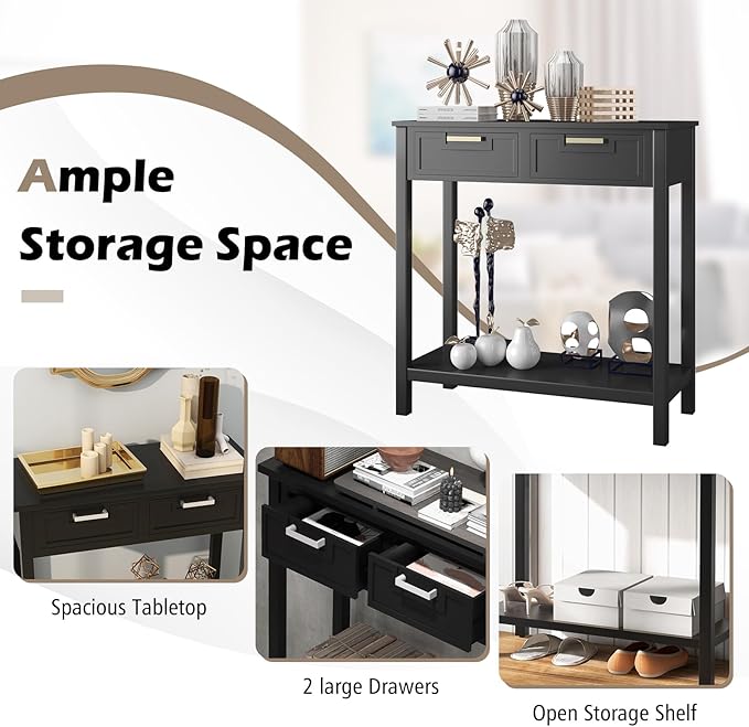 KOTEK Console Table with 2 Drawers & Shelf, Narrow Sofa Table with Rubber Wood Legs, Small Entryway Table for Living Room, Hallway, Office (Black)