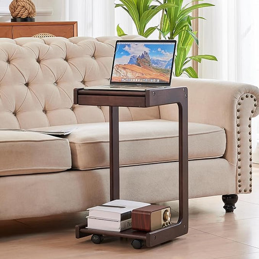 Wood Side Table for Couch - C Shaped Rolling End Table with Wheels, Wooden Modern Small Tv Tray Bedside Tables with Drawer for Sofa Armchair Living Room Bedroom, Walnut, 13 in x 14.4 in x 26 in