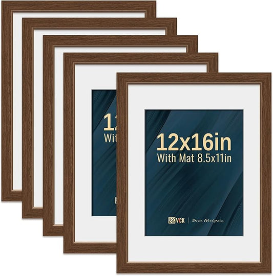 VCK 12x16 Picture Frame 5 Pack - Brown, High-End Wood Poster Frames with Tempered Glass, Display 8.5x11 Photo with Mat or 12x16 without Mat, Art Gallery-Quality, Wall Hanging, Brown