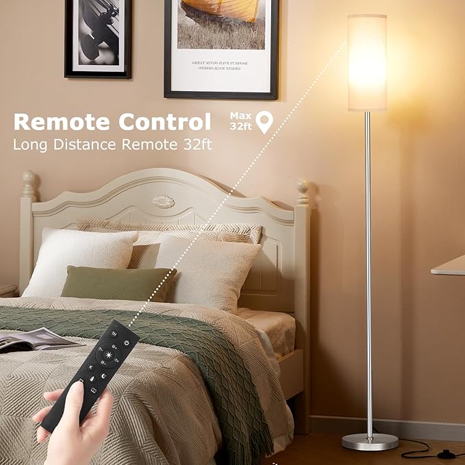 Ambimall 64'' Floor Lamps for Living Room with Remote Control and Stepless Dimmable Colors Temperature & Brightness, 9W Bulb Included(Beige Lampshade & Silver Pole)