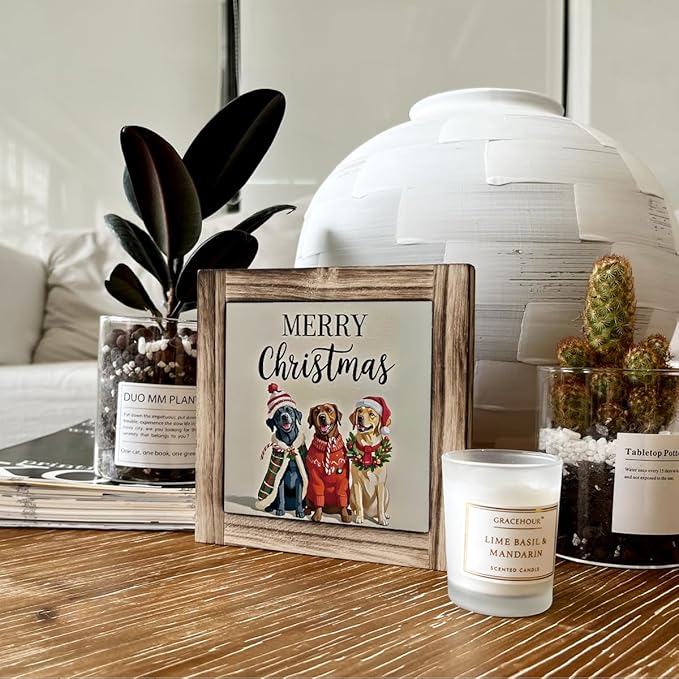 Funny Cute Christmas Decor, Wood Plaques Desk Decors, Decorative Table Sign, Farmhouse Christmas Decorations Indoor, Dog Pet Lover Home Decor for Xmas Holiday, Merry Xmas Gift