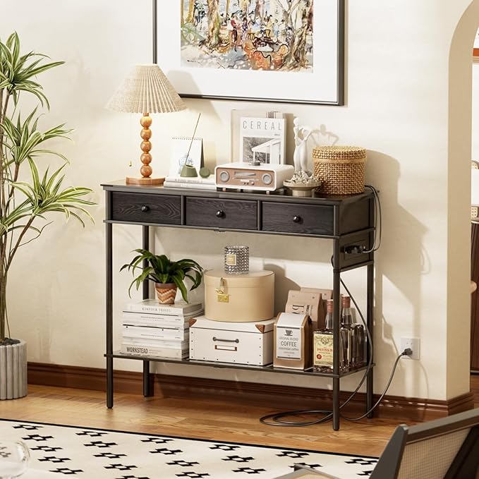 Entryway Table Sofa Console Table, Bamboo Small Entry Way Table with Drawers Storage and Power Outlets for Living Room, Hallway, Foyer, Entrance, Black
