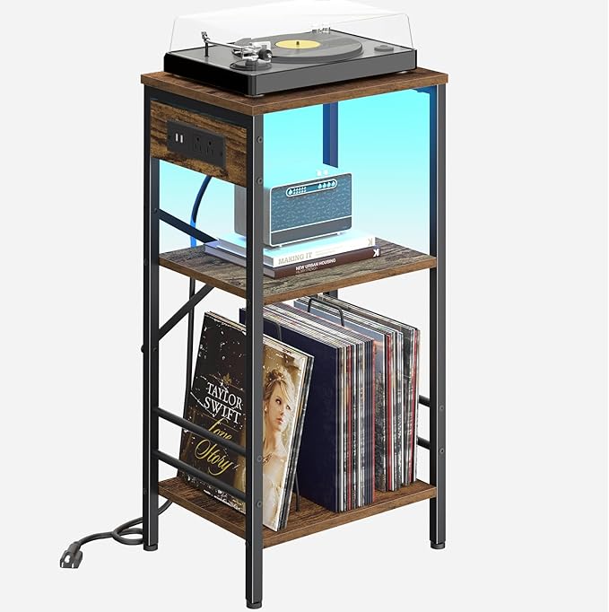 Record Player Stand with Charging Station, 3-Tier Side Table with LED Light, End Table Nightstand for Vinyl Storage, Tall Beside Tables Turntable Stand Living Room, Bedroom, Rustic Brown and Black