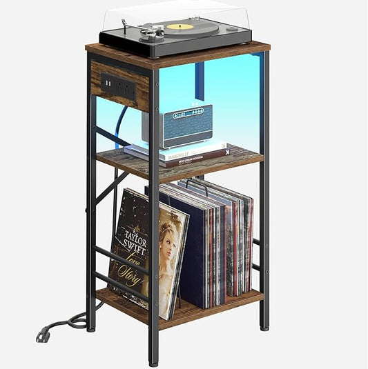 Record Player Stand with Charging Station, 3-Tier Side Table with LED Light, End Table Nightstand for Vinyl Storage, Tall Beside Tables Turntable Stand Living Room, Bedroom, Rustic Brown and Black