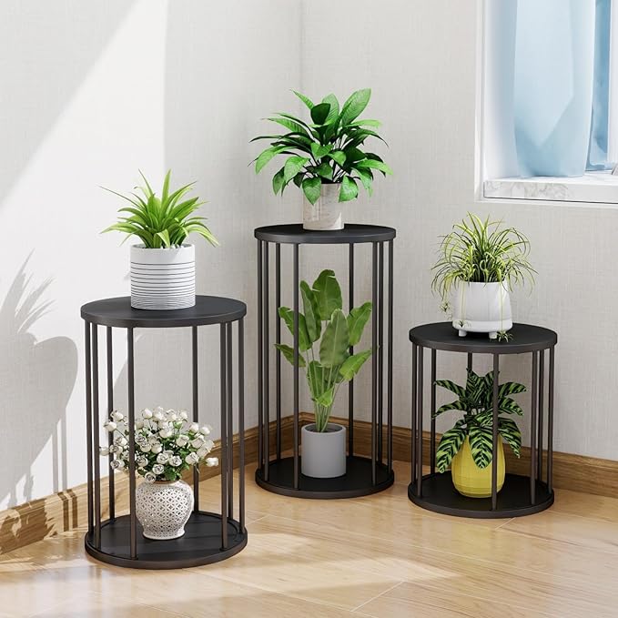 Plant Stand Indoor,small plant stool,Flower Pot Corner stand holder,Mid Century Heavy Duty Metal Tall Home Decor,Modern Round End Table,Small Rustic Display Stand for Living Room,Bedroom(Black,2 Packs)