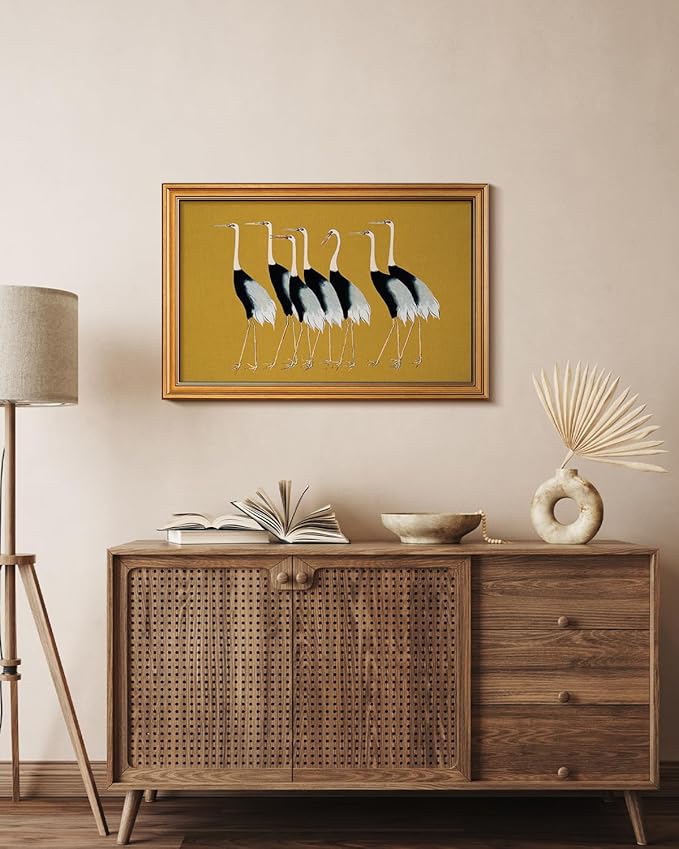HUARCEY Gold Framed Vintage Wall Art for Living Room, Animals Painting Prints Shelf Decor for Kitchen, Aesthetic Bedroom Wall Art Decor, Christmas Gifts for Friends or Family (Seven Cranes 16"x24")