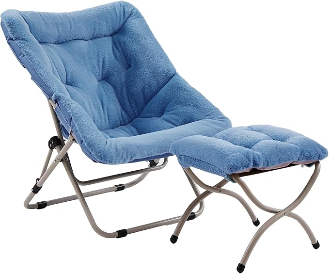 Comfy Folded Chair with Ottoman, Oversized Folding Faux Fur Chair Soft Furry Lounge Lazy Chair with Metal Frame Moon Chair Accent Chair for Bedroom, Living Room, Dorm Rooms