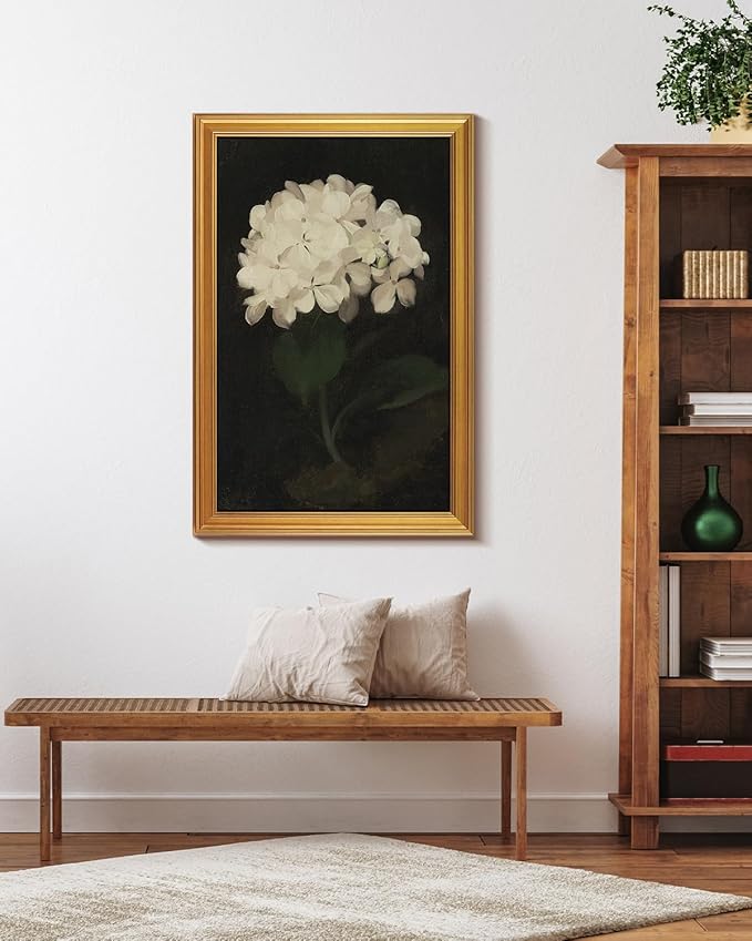 HUARCEY Gold Framed Vintage Wall Art for Living Room, Flowers Painting Canvas Print Shelf Decor for Kitchen, Aesthetic Bedroom Wall Art, Christmas Gifts for Friends or Family (White Hydrangea 24"x36")