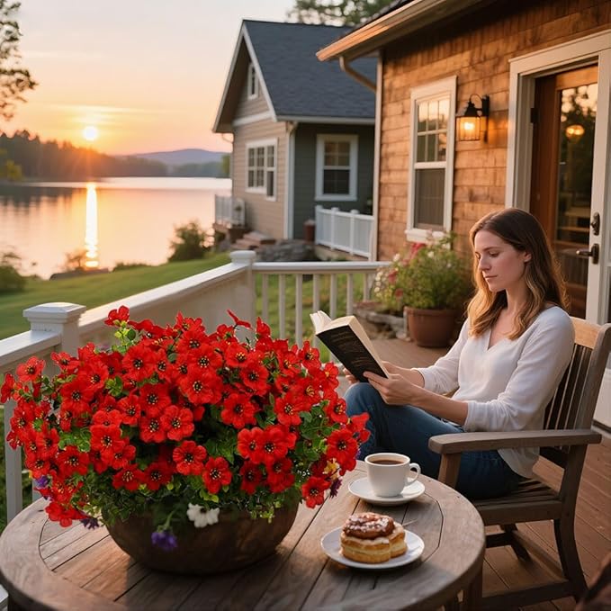 12 Bundles Artificial Flowers for Outdoor Indoor Fake Flowers UV Resistant Artificial Outdoor Flowers Fake Plants Beautiful Faux Flower for Porch Garden Home Patio Decor Home Wedding (Red)