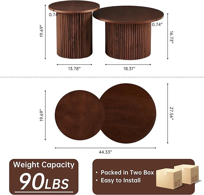 NORDICANA Nesting Round Coffee Table Set of 2, Boho 2 Piece Side Table End Table Set for Living Room Bedroom, Manufactured Wood Top with Walnut Veneer
