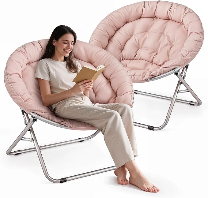 Athena Collection Comfy Saucer Chair, Folding Oversized Cozy Chair for Bedroom Living Room Fabric Reading Chair, Foldable Metal Frame Round Lazy Chair Moon Chair for Adult Set of 2, Pink