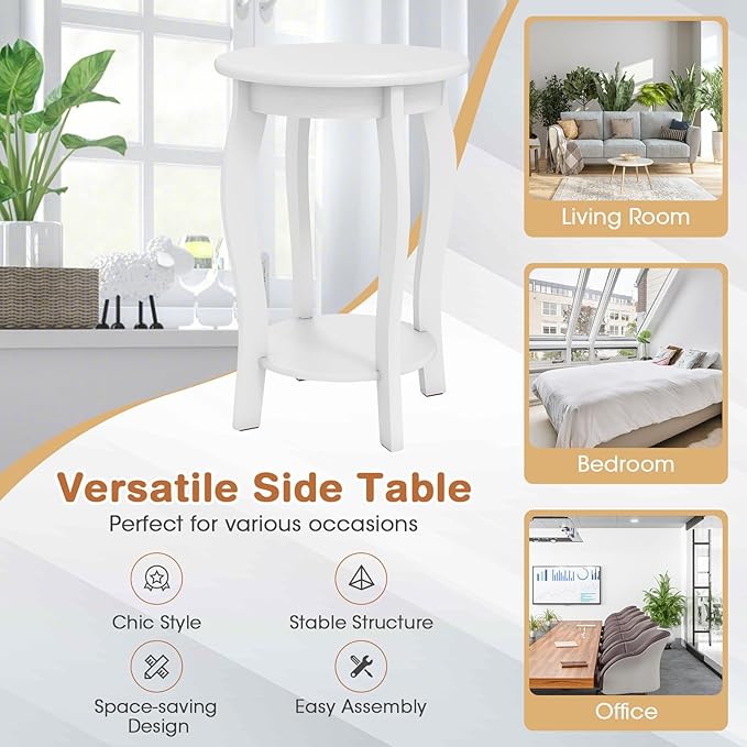 GOFLAME 2-Tier Round End Table Set of 2, Mid-Century Modern Sofa Side Table with Storage Shelf, Solid Wood Legs, Compact Accent Table, Nightstand for Living Room, Bedroom, Small Space, White