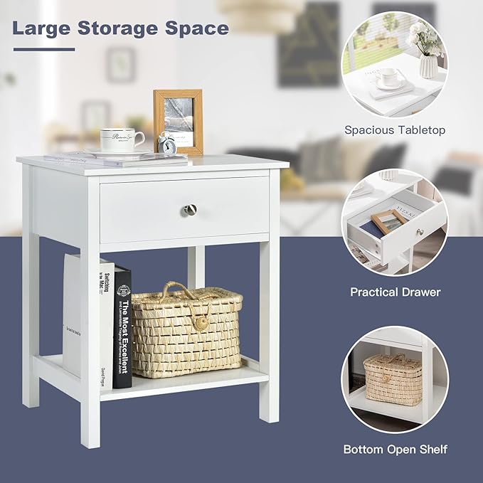 Giantex Nightstand Set of 2, Wood End Table with Drawer and Open Shelf, Night Stand for Small Spaces, 2-Tier Bedside Table for Living Room Bedroom Dorm, Easy Assembly, White