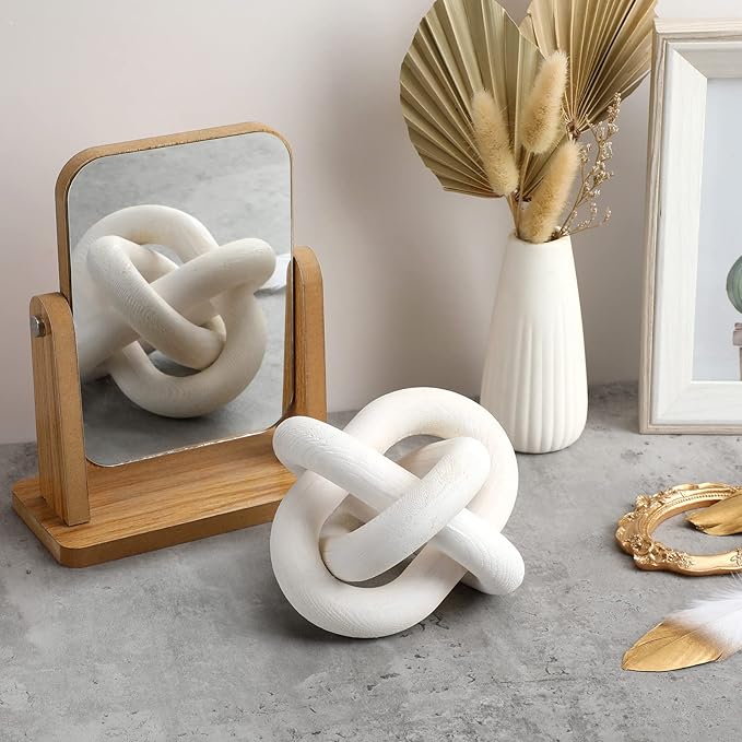 3 Link Wood Knot Decor - Hand Carved Coffee Table Decoration, Boho Chain Link Decor, Modern Shelf, Rustic Objects for Home Living Room Bedroom(White)