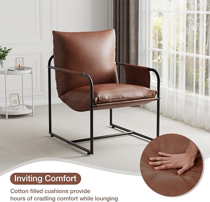 HOMMPA Sling Accent Chair, Steel Frame Lounge Arm Chair Living Room Chair with Side Storage Pocket, Faux Leather Surface Reading Accent Chair Mid Century Modern Bedroom Chair, Brown