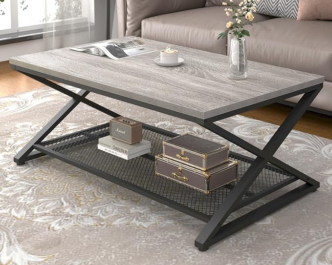 LVB Gray Coffee Table with Storage, Farmhouse Metal Wood 2 Tier Center Table for Living Room, Industrial Wooden Rectangular Concrete Tables with Mesh Shelf for Office Bedroom, 39 inch, Light Grey Oak